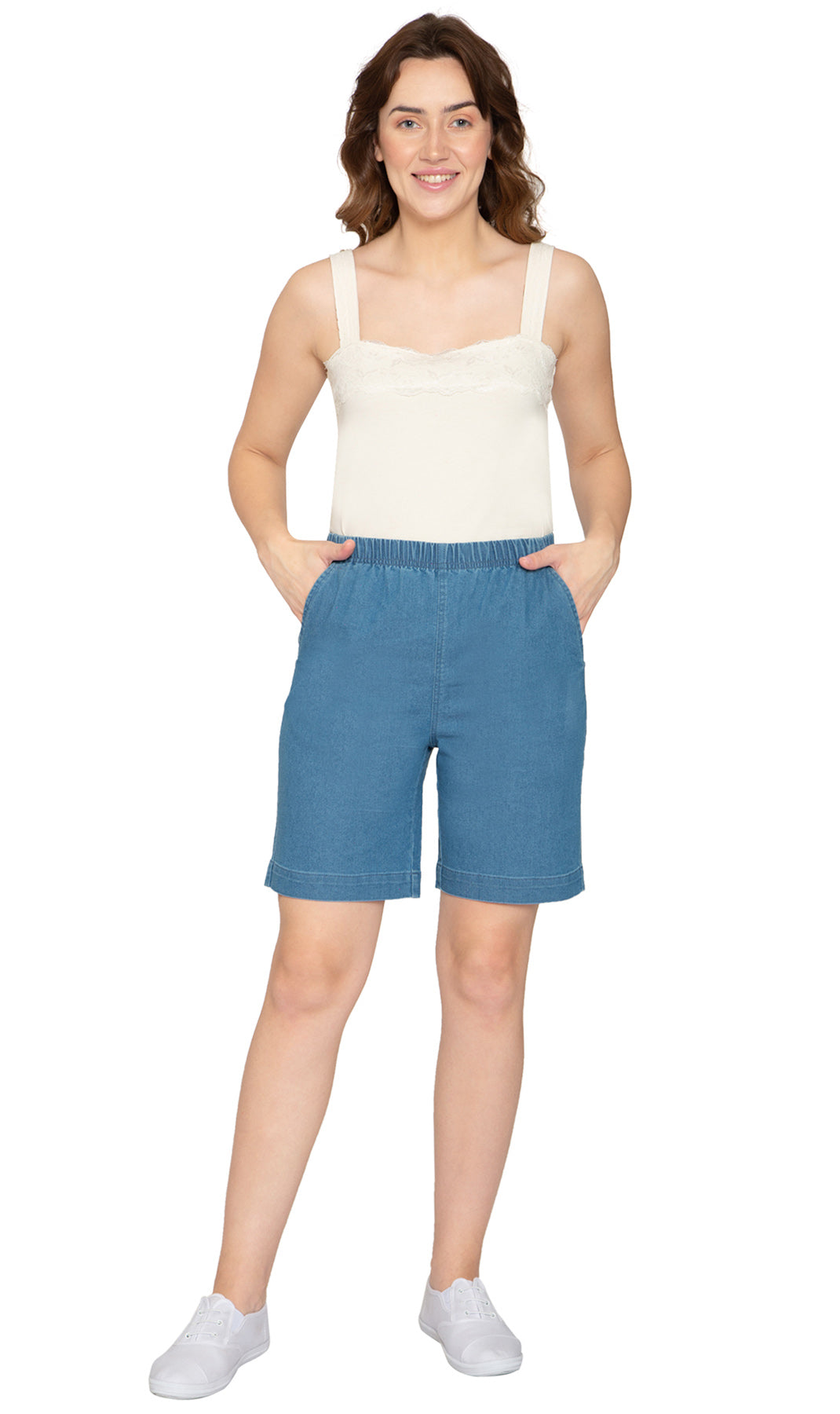 Women's Pull On Denim & Twill Shorts with stretch waist - No zipper or buttons
