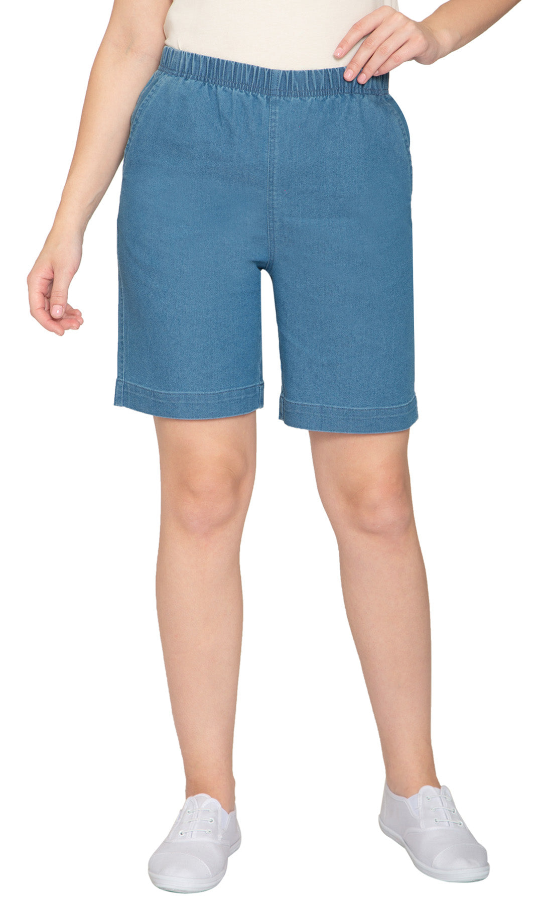 Women's Pull On Denim & Twill Shorts with stretch waist - No zipper or buttons