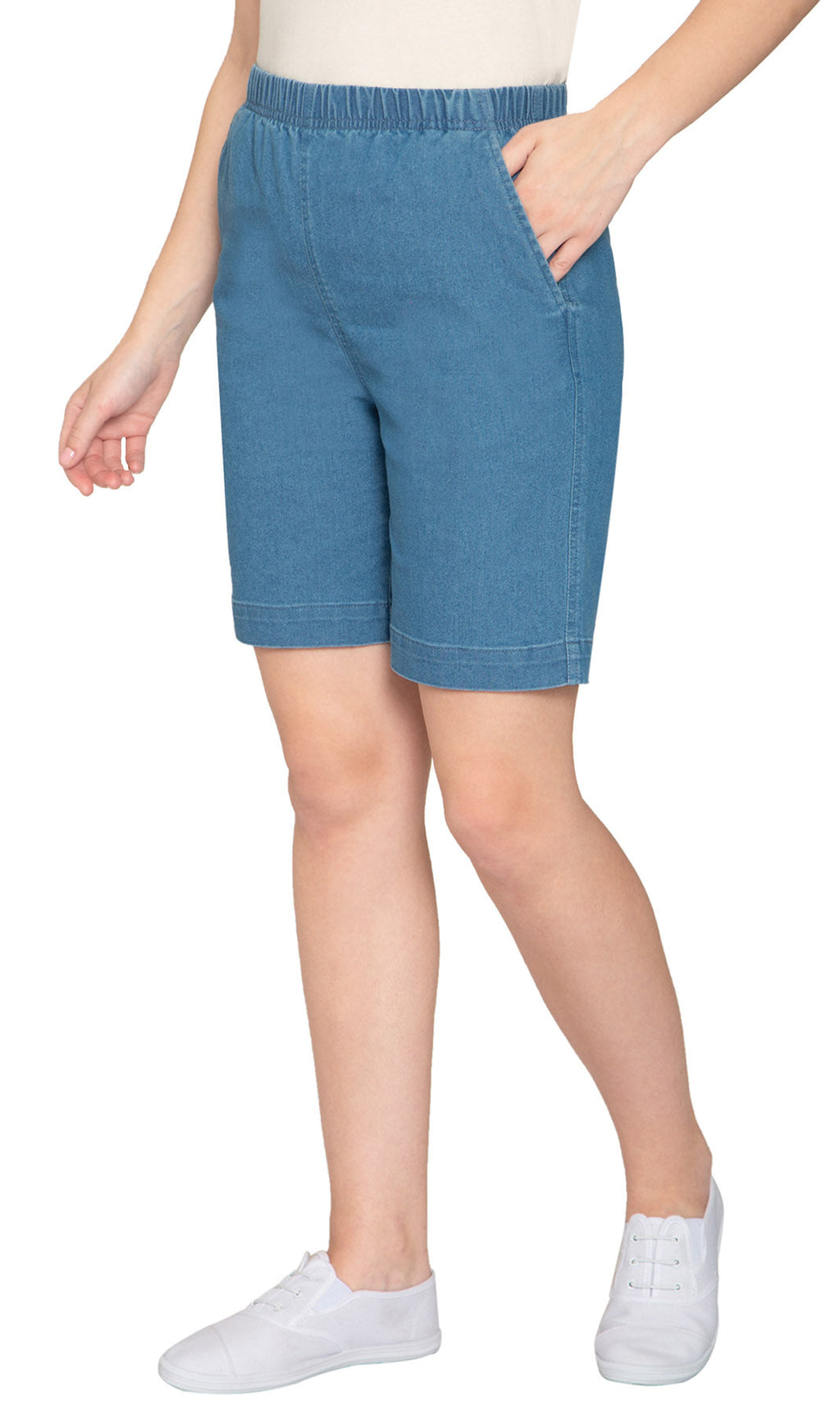 Women's Pull On Denim & Twill Shorts with stretch waist - No zipper or buttons