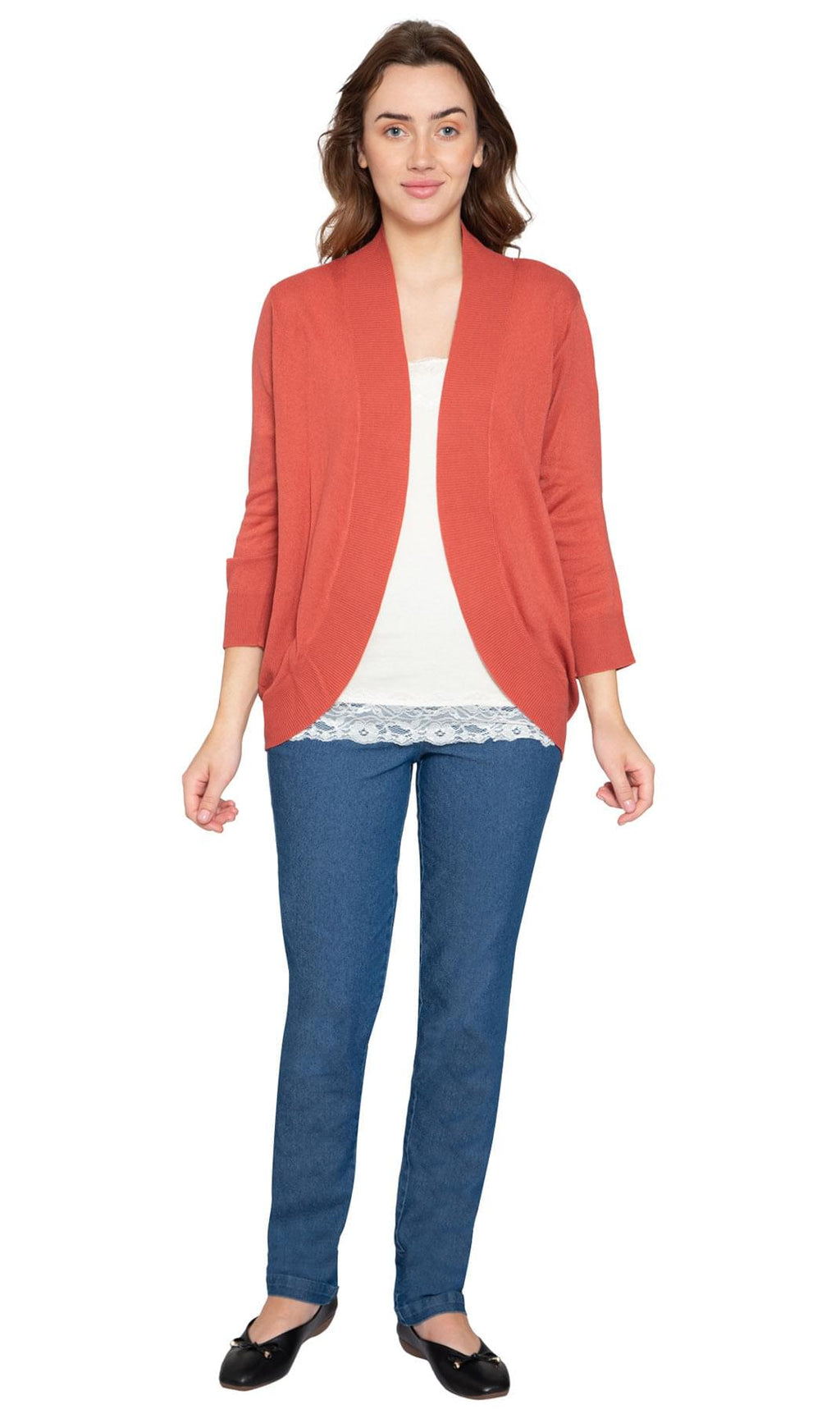 Women's Curved Hem Cardigan - Open Front in Soft Cashmere like Fabric