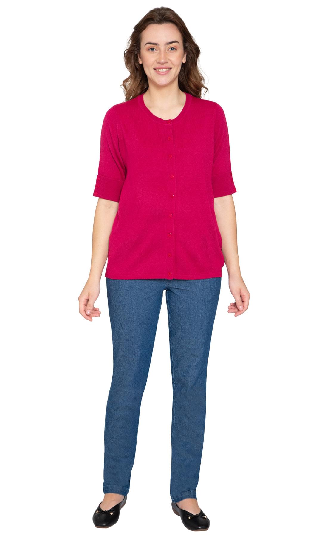 Women's Button Front Cardigan with a Unique Elbow Cuff Style