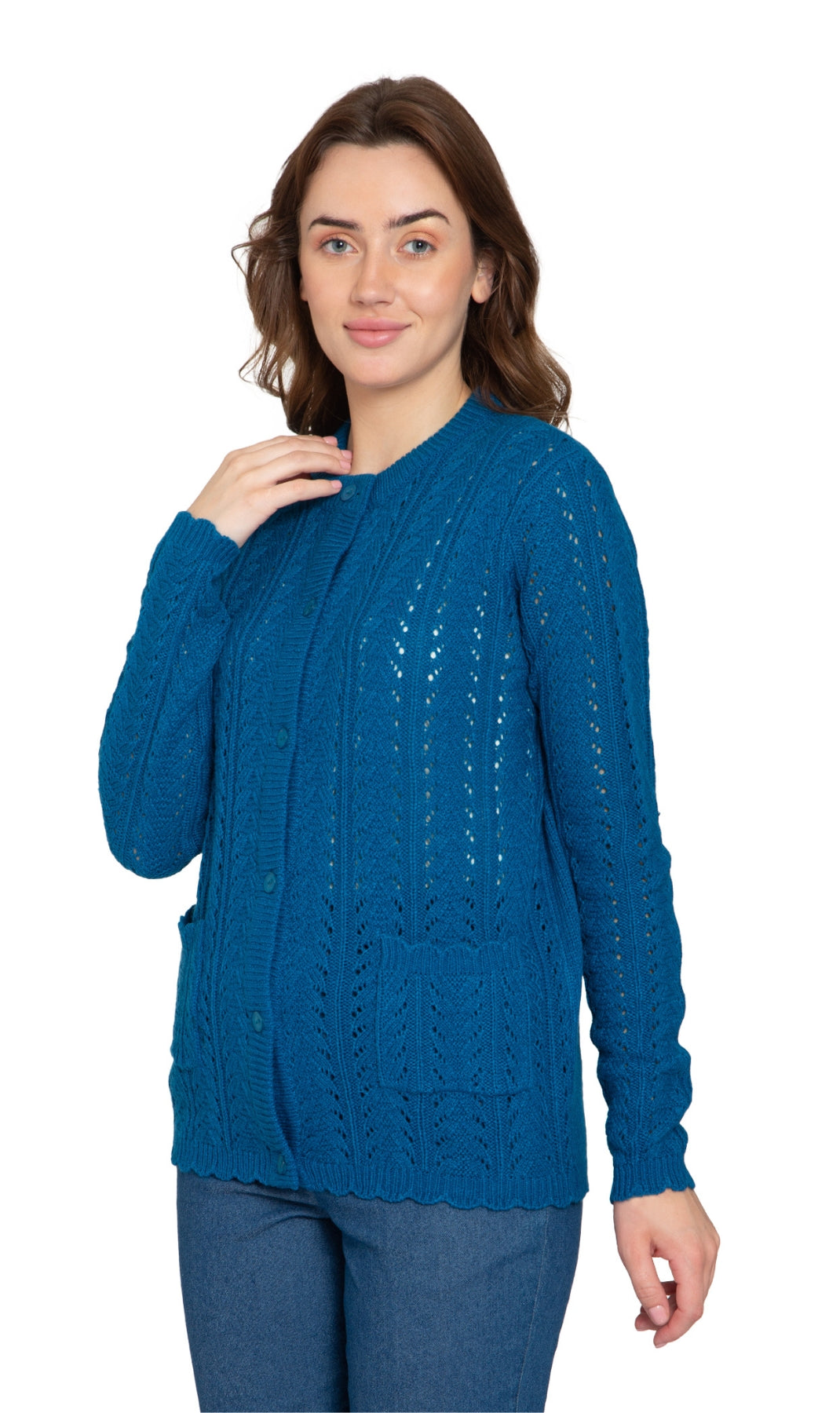 Women's Button Front Crochet Pointelle Cardigan with Pockets