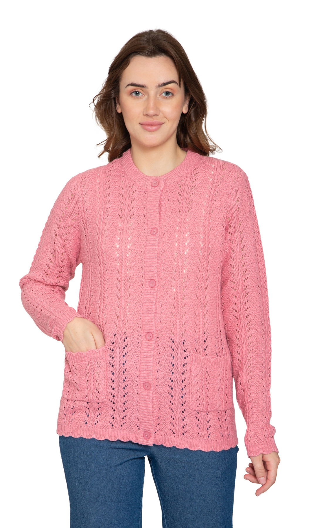 Women's Button Front Crochet Pointelle Cardigan with Pockets