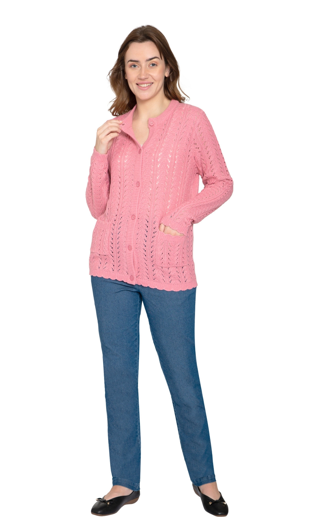 Women's Button Front Crochet Pointelle Cardigan with Pockets