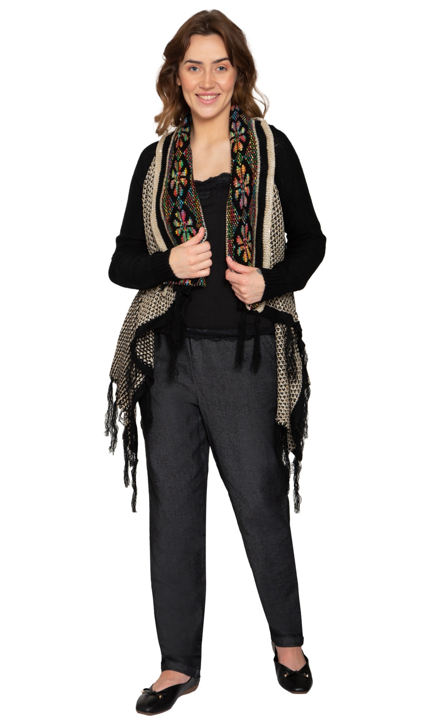 Women's Fringed Jacquard Weave Open Front Long Cardigan