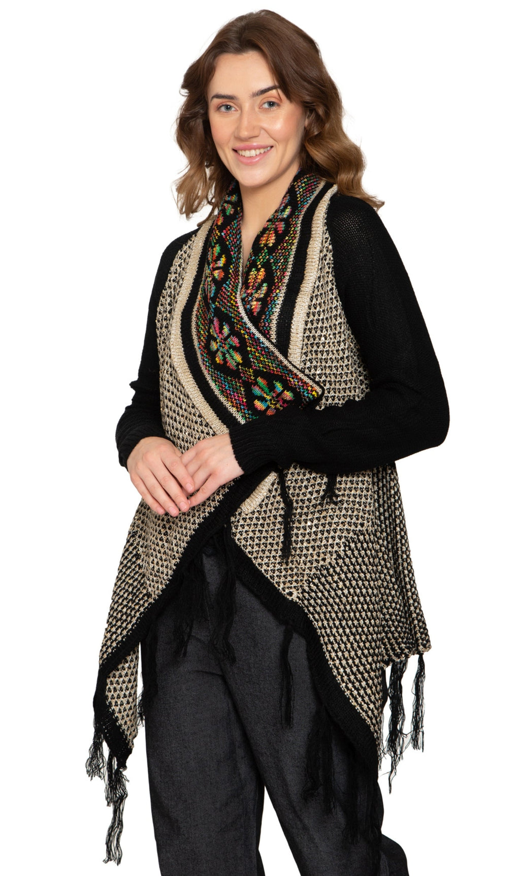 Women's Fringed Jacquard Weave Open Front Long Cardigan