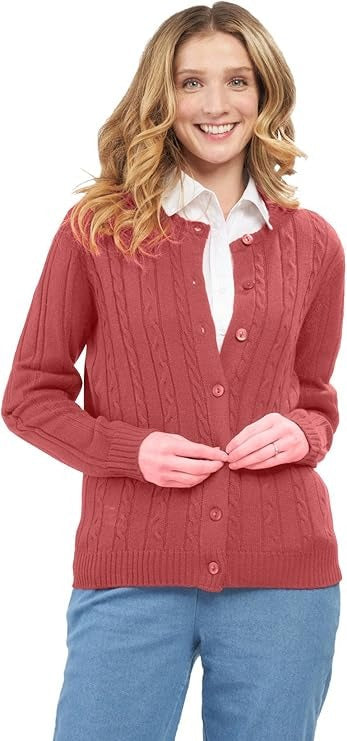 Women's Classic Button Front Cable Knit Cardigan in Soft Acryllic
