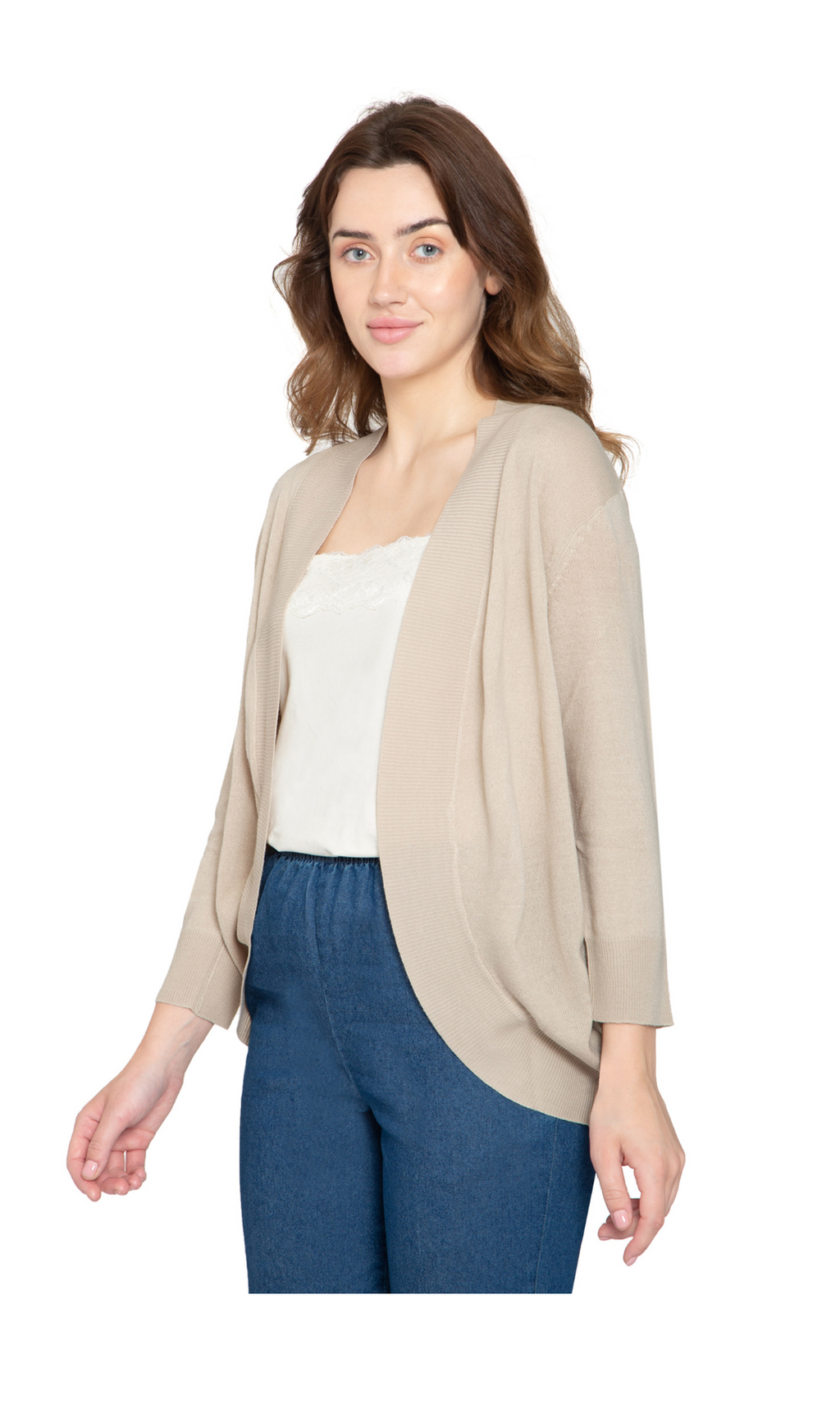 Women's Curved Hem Cardigan - Open Front in Soft Cashmere like Fabric