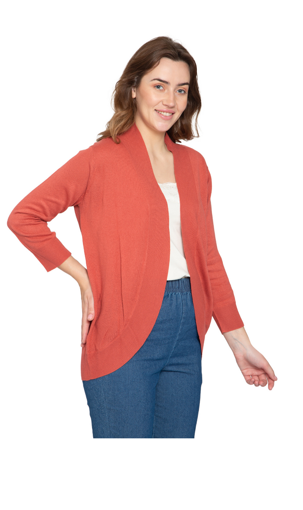 Women's Curved Hem Cardigan - Open Front in Soft Cashmere like Fabric