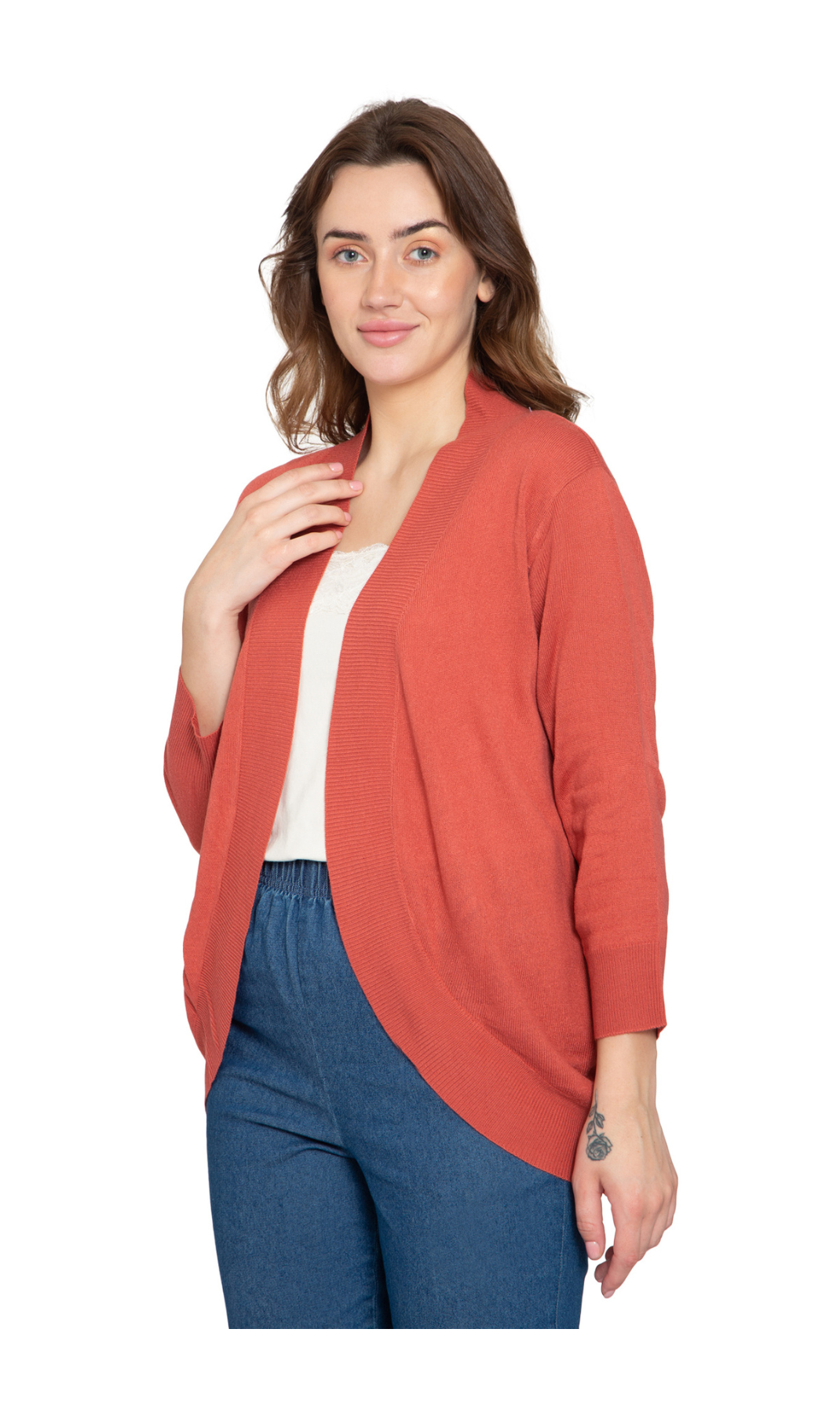 Women's Curved Hem Cardigan - Open Front in Soft Cashmere like Fabric