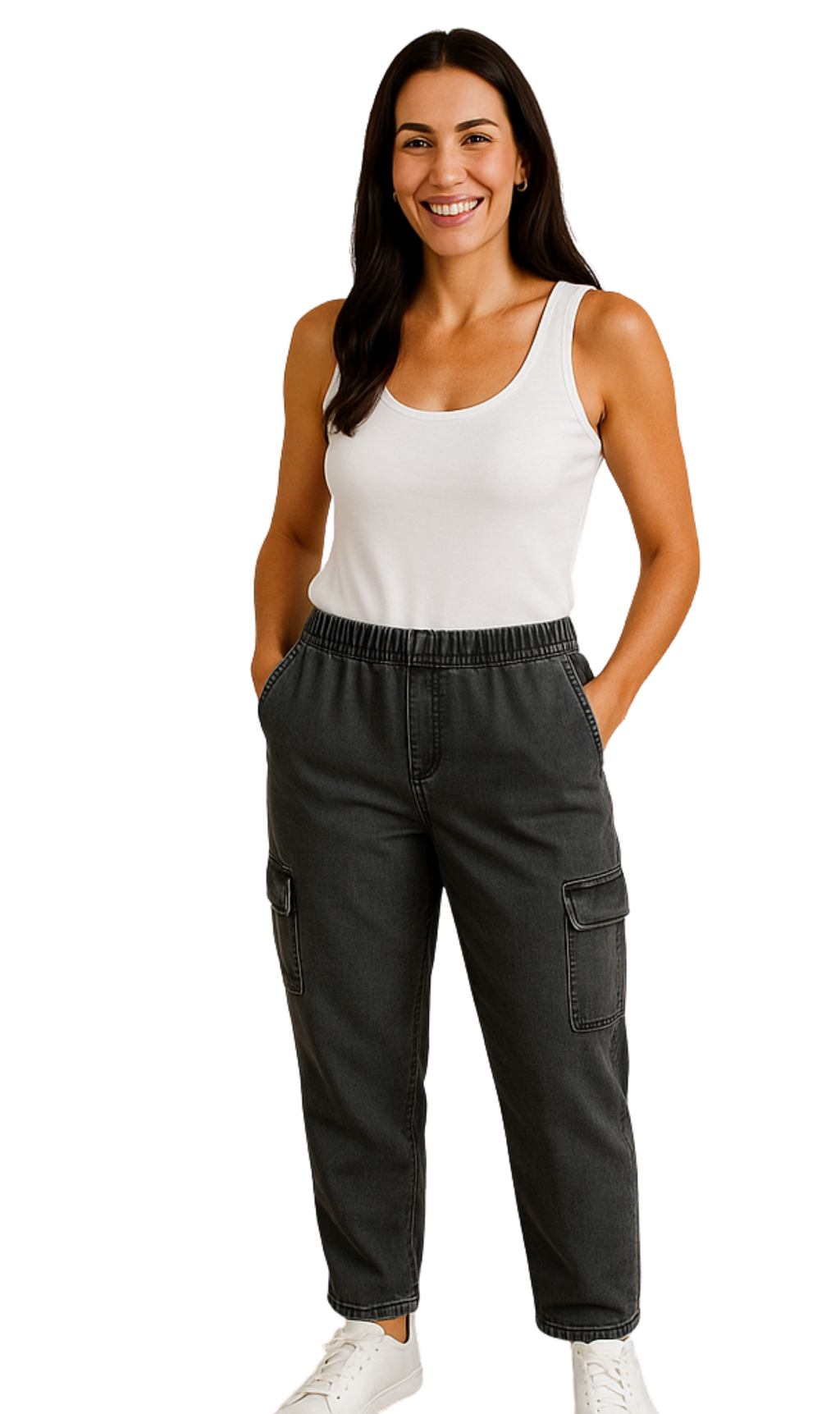 Women's Elastic Stretch Waist Casual Denim Pull-on Cargo Pants