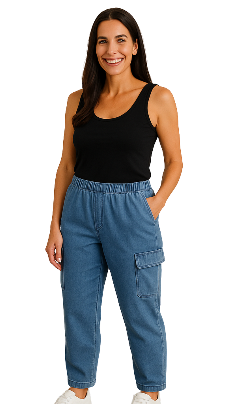 Women's Elastic Stretch Waist Casual Denim Pull-on Cargo Pants