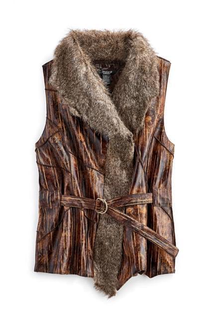 Women's Faux Fur Trimmed Belted Vegan Leather Vest