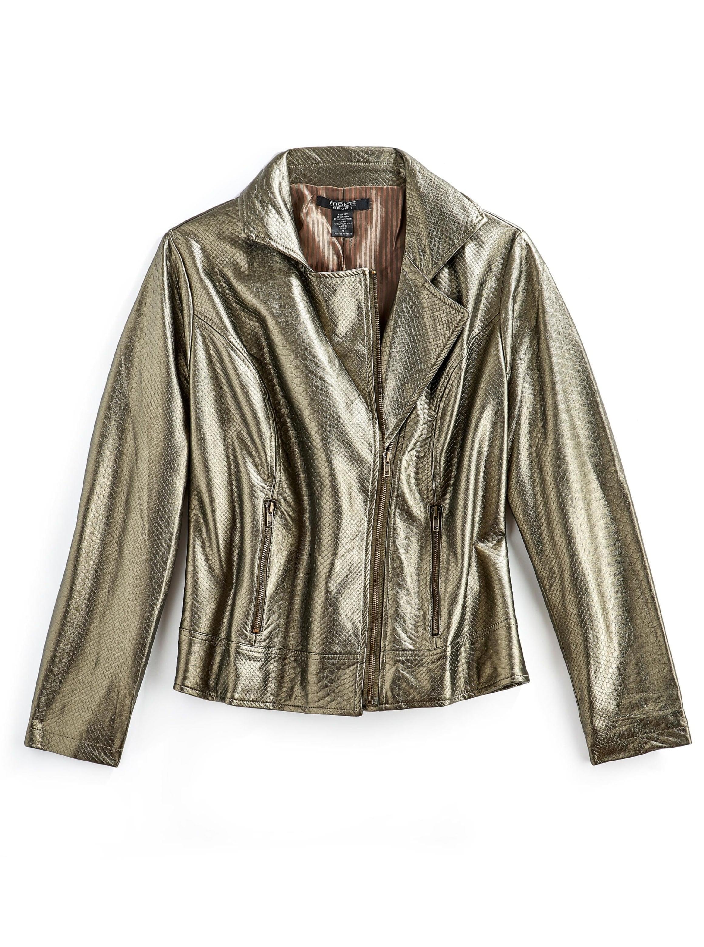 Women's Asymmetrical Zip up Metallic Snake Pattern Moto Jacket