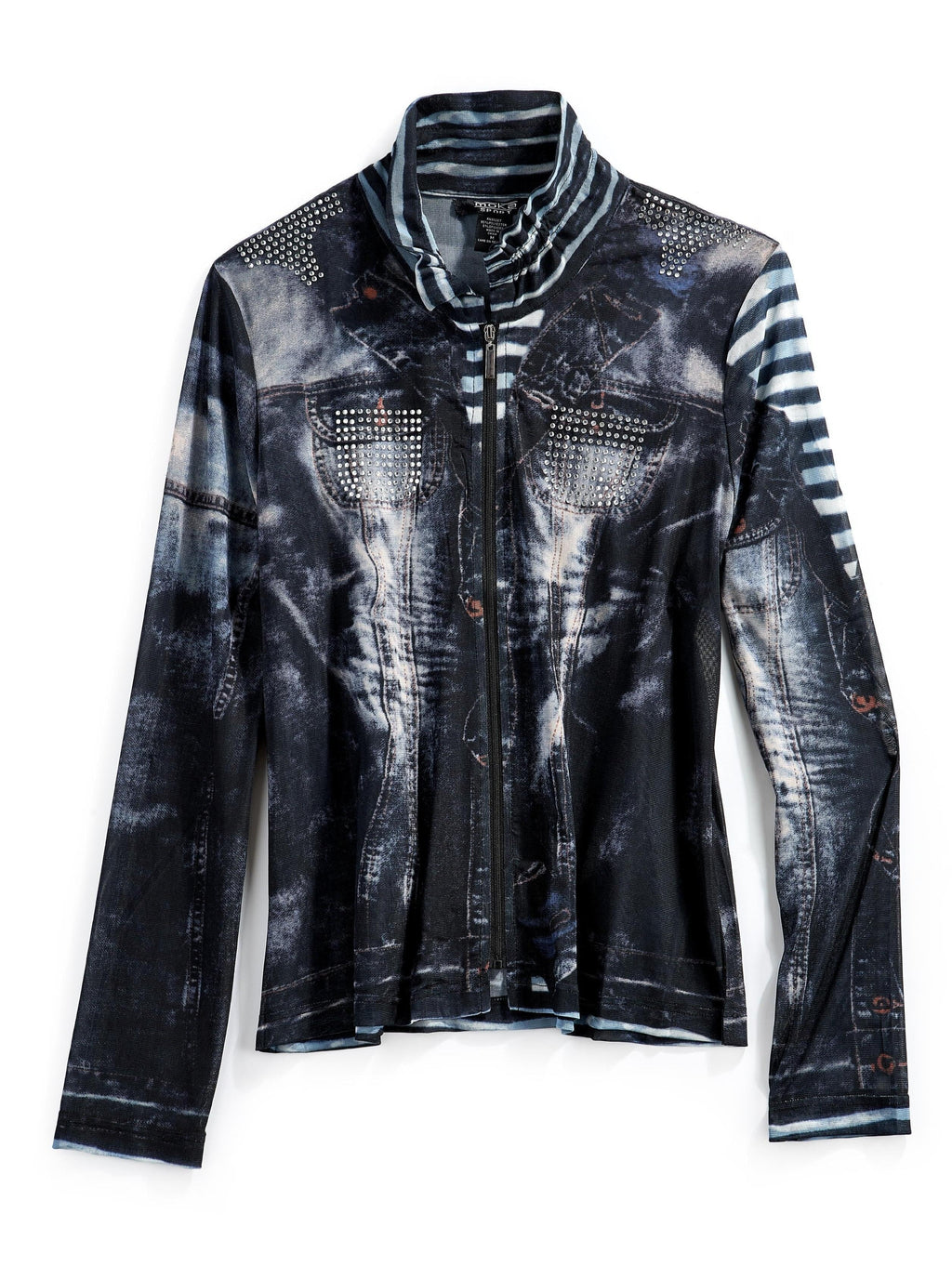 Women's Mesh Denim Look Printed Zip Front Jacket With Rhinestones