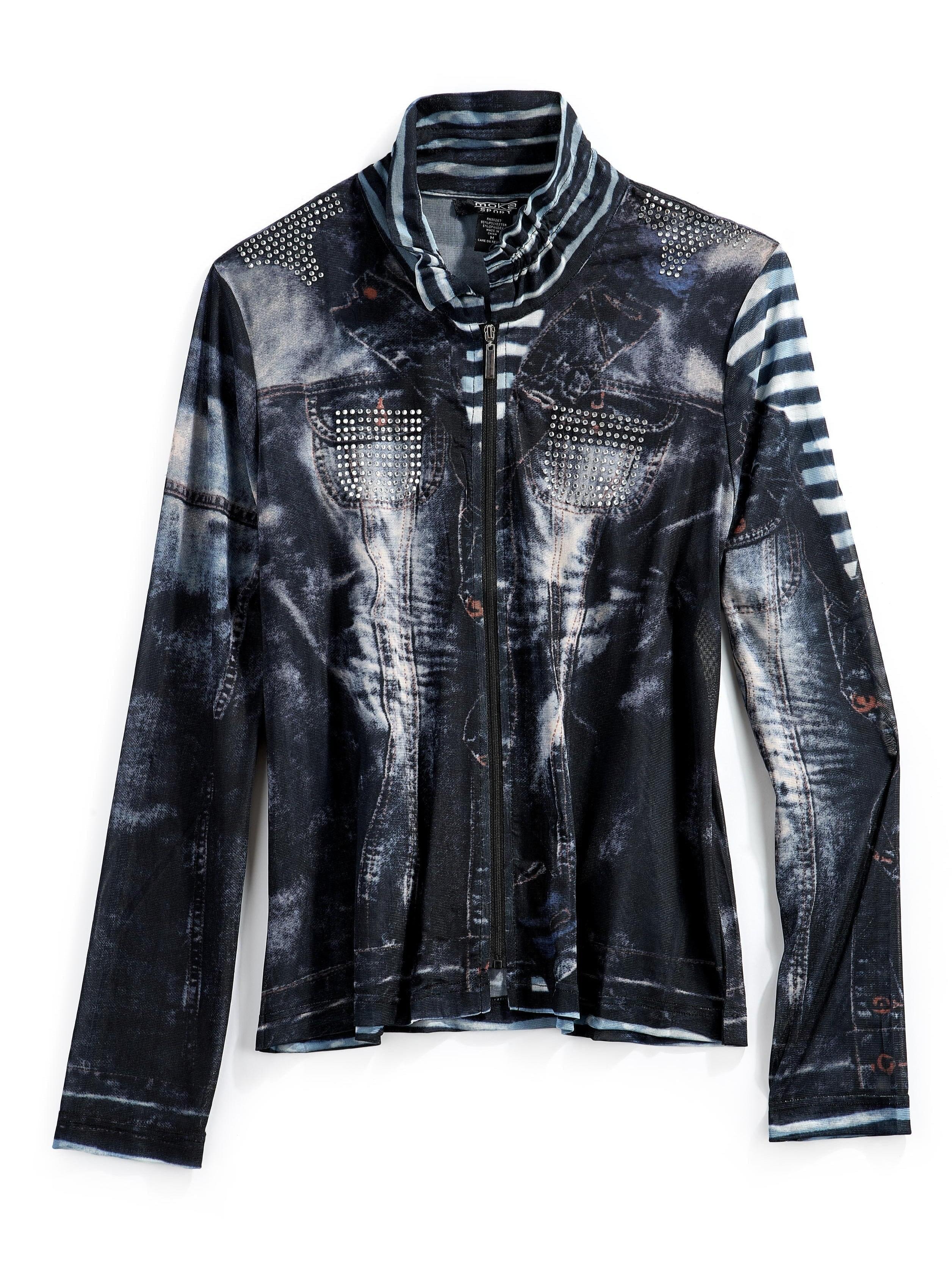 Women's Mesh Denim Look Printed Zip Front Jacket With Rhinestones