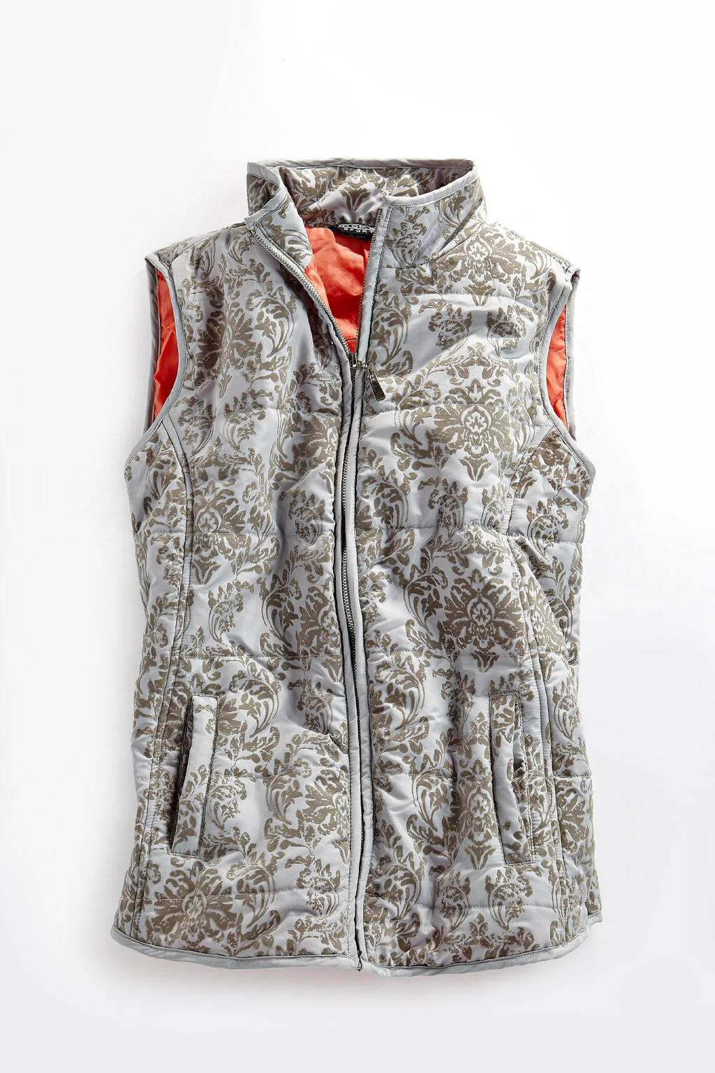 Women's Flocked Damask Print Zip Front Vest With Lining And Fill