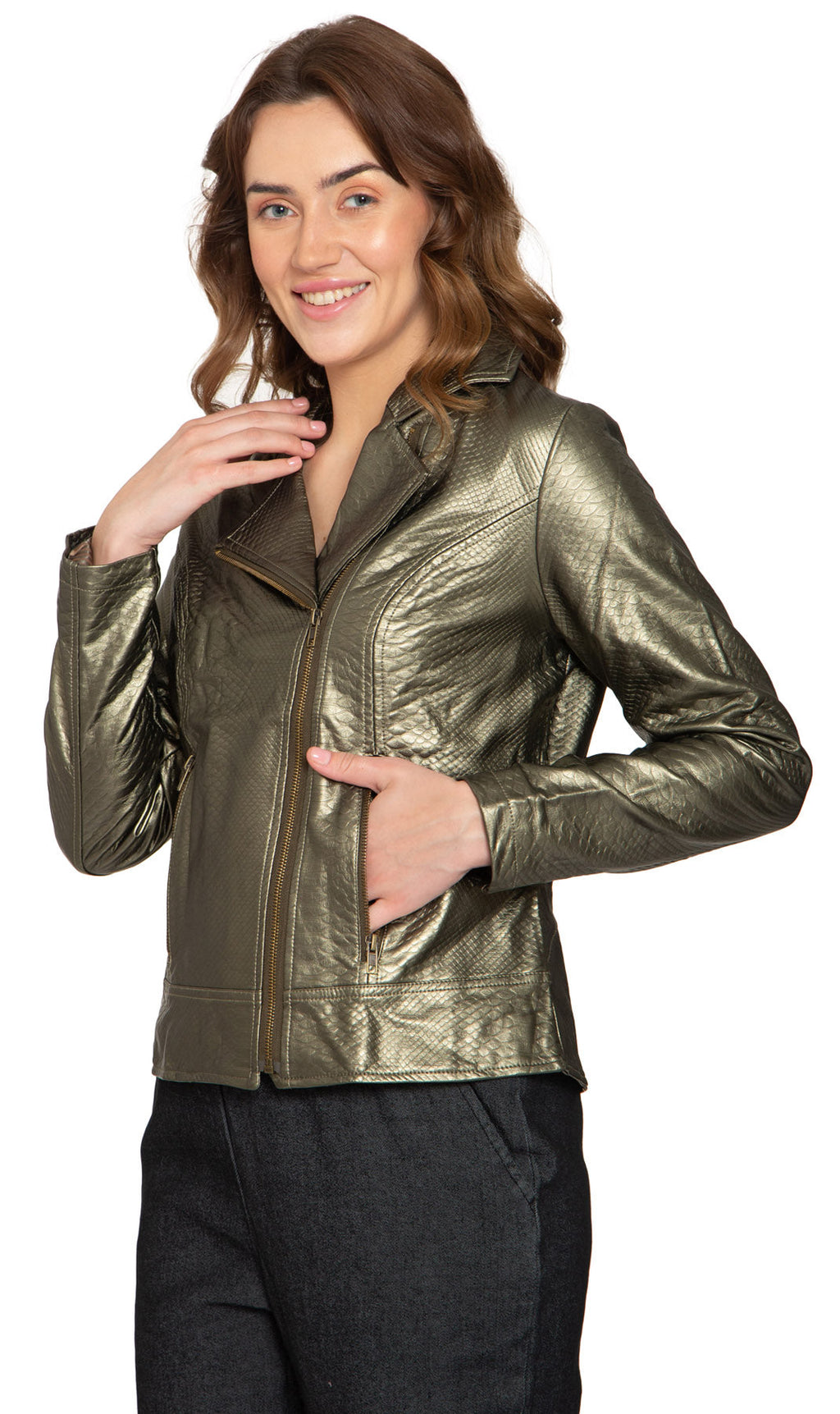 Women's Asymmetrical Zip up Metallic Snake Pattern Moto Jacket