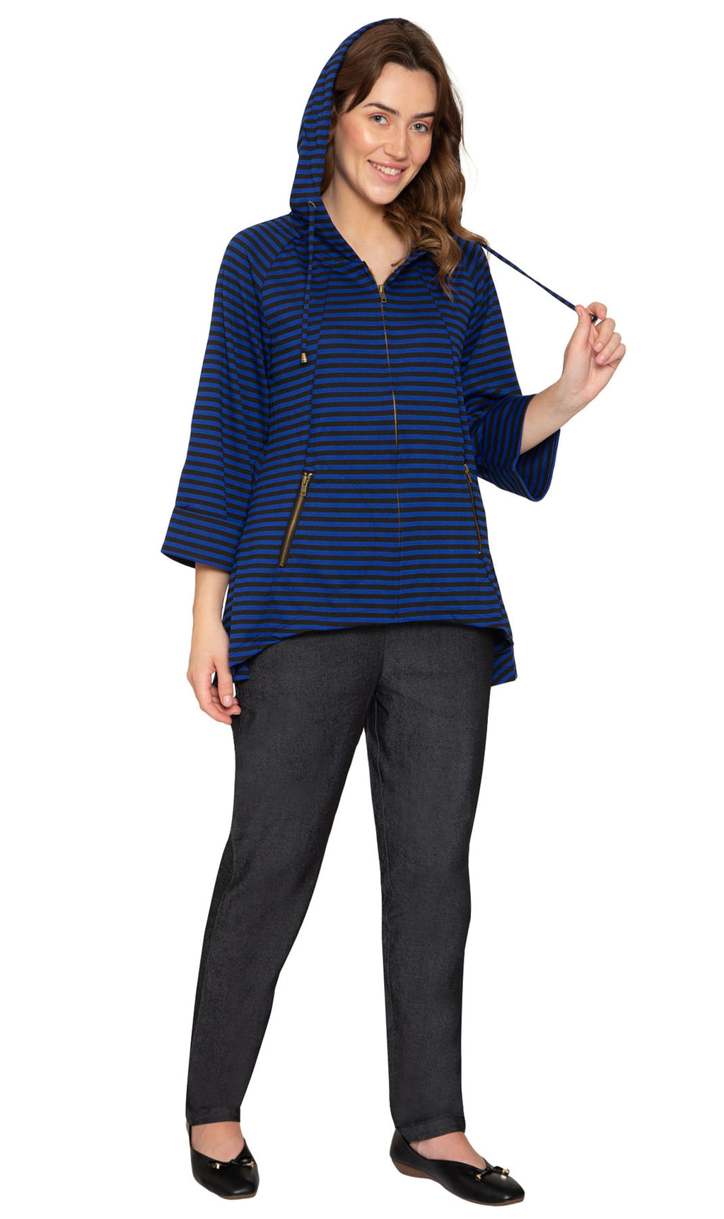 Women's Striped Zip Front High Low Hooded Jacket