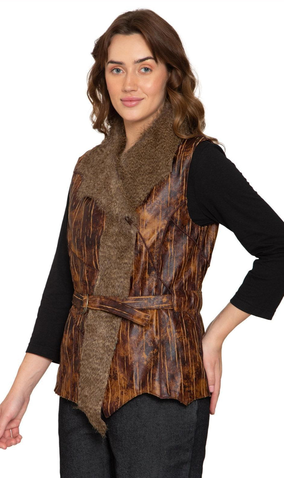 Women's Faux Fur Trimmed Belted Vegan Leather Vest