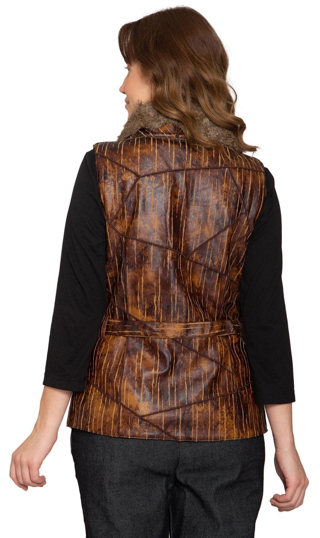 Women's Faux Fur Trimmed Belted Vegan Leather Vest