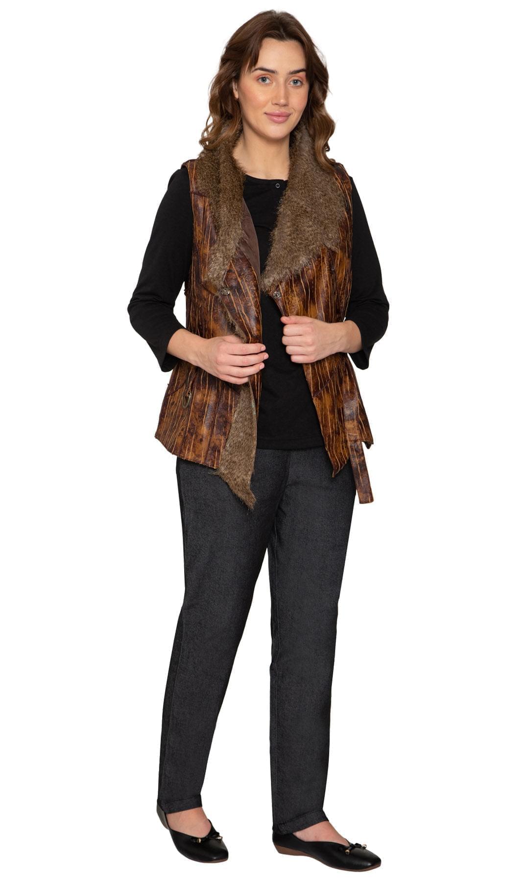 Women's Faux Fur Trimmed Belted Vegan Leather Vest