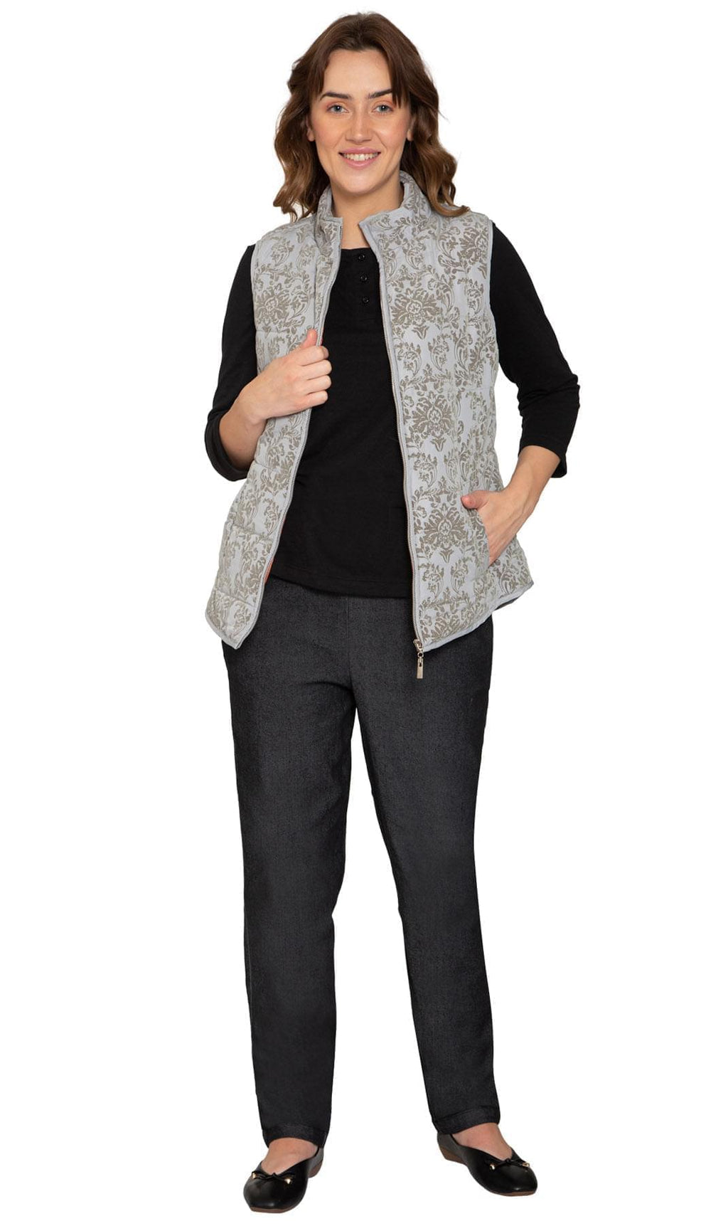 Women's Flocked Damask Print Zip Front Vest With Lining And Fill