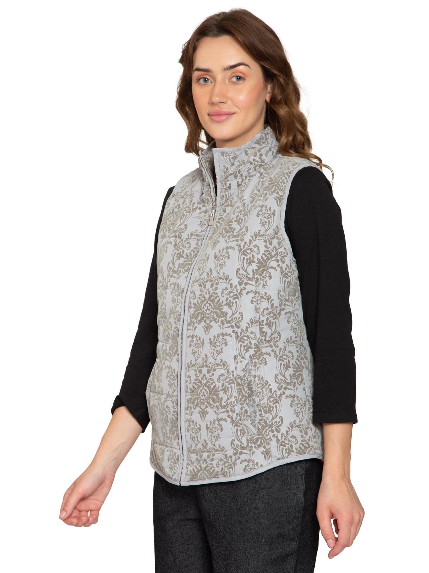 Women's Flocked Damask Print Zip Front Vest With Lining And Fill