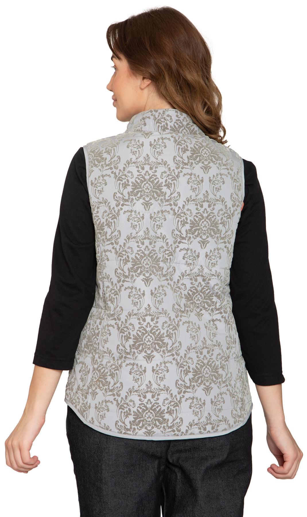 Women's Flocked Damask Print Zip Front Vest With Lining And Fill