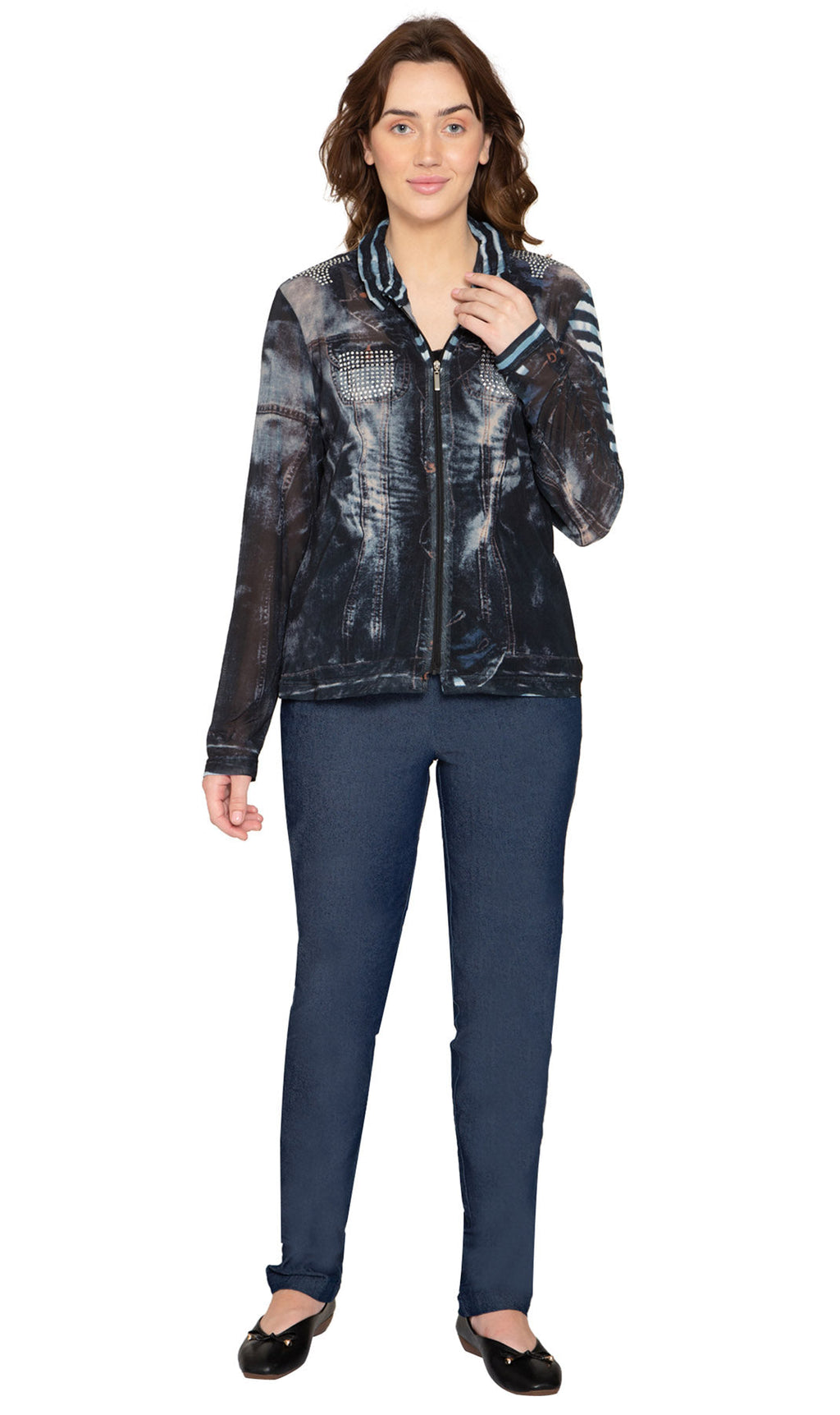 Women's Mesh Denim Look Printed Zip Front Jacket With Rhinestones
