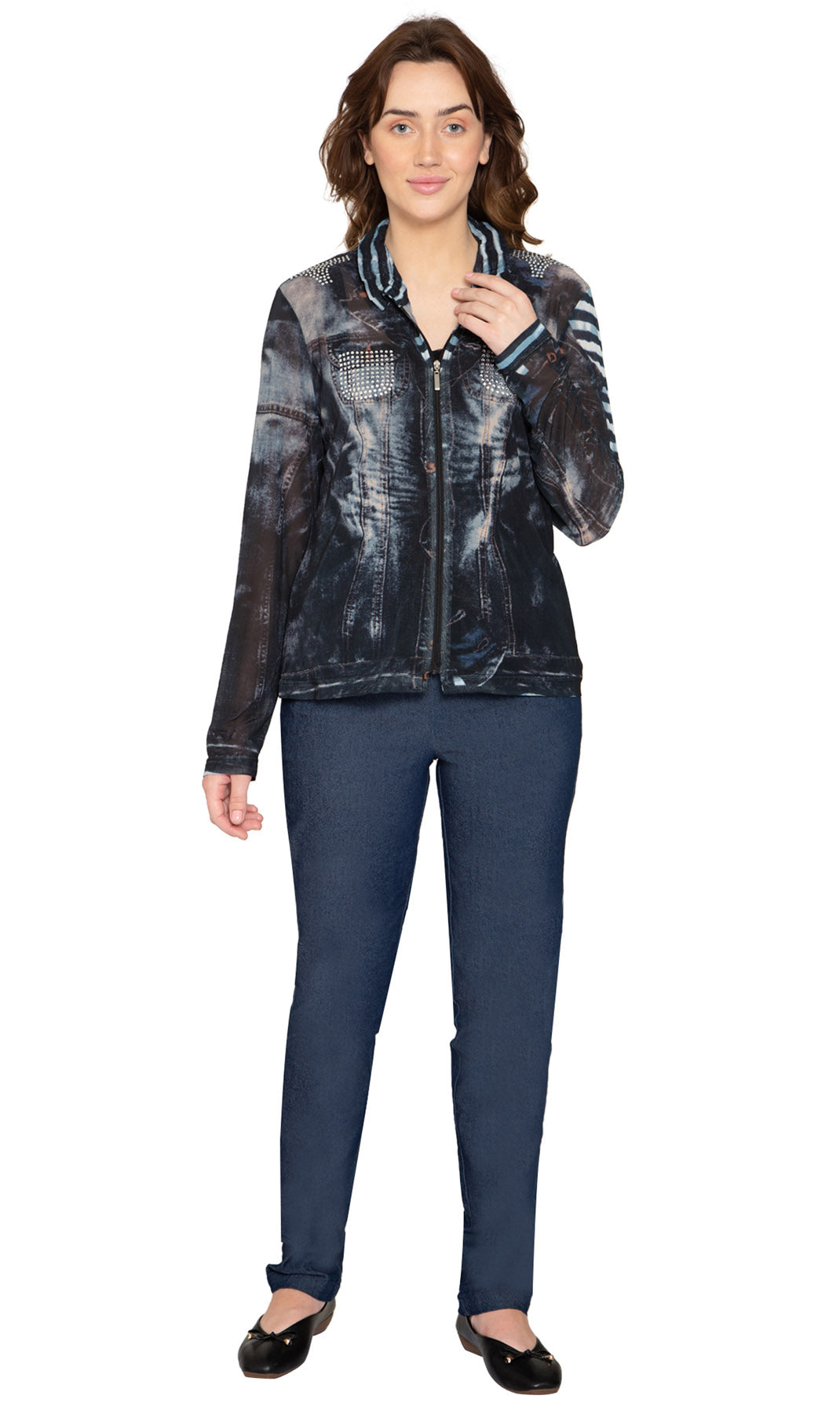 Women's Mesh Denim Look Printed Zip Front Jacket With Rhinestones