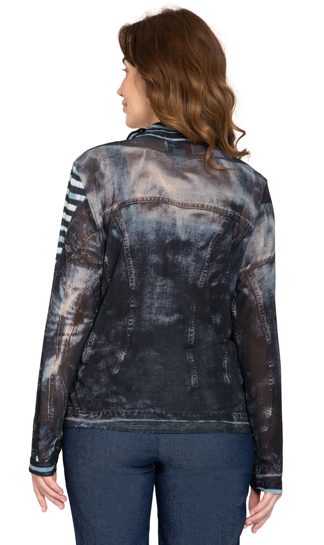 Women's Mesh Denim Look Printed Zip Front Jacket With Rhinestones
