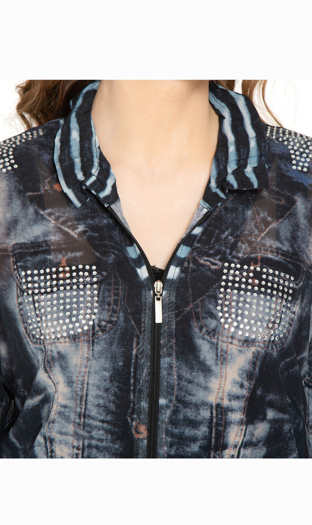 Women's Mesh Denim Look Printed Zip Front Jacket With Rhinestones