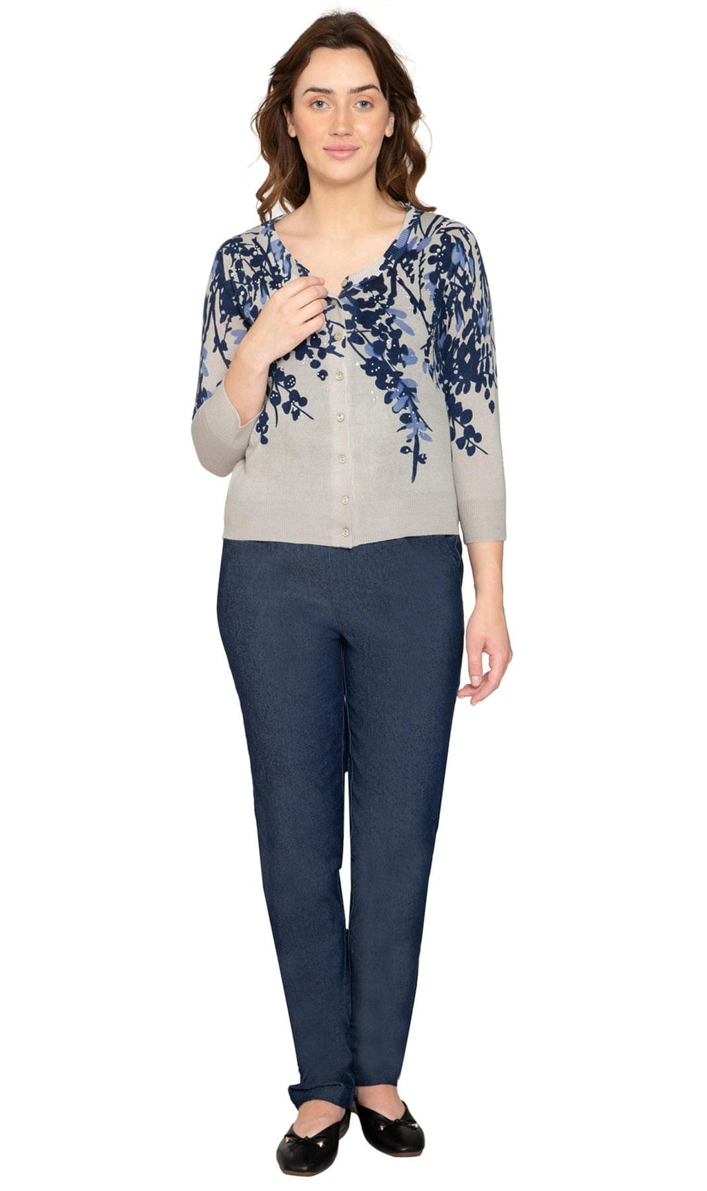 Women's Sleeve Knit Printed And Embellished Cardigan Sweater