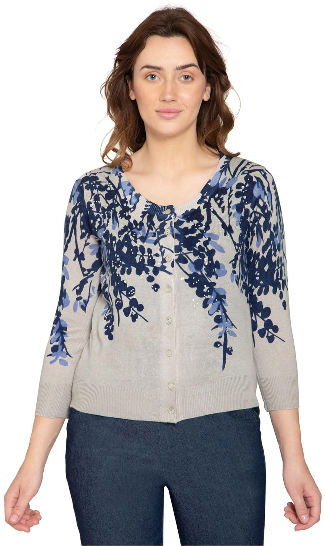 Women's Sleeve Knit Printed And Embellished Cardigan Sweater