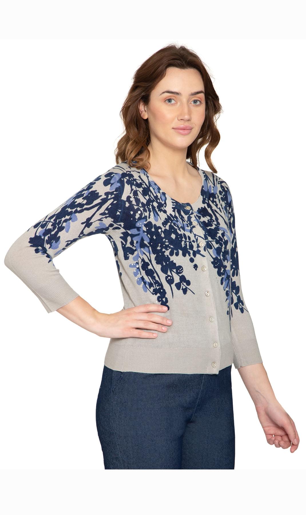 Women's Sleeve Knit Printed And Embellished Cardigan Sweater