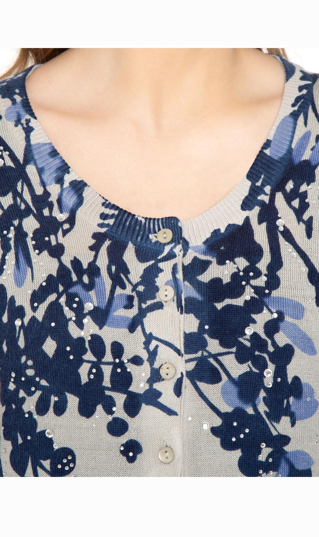 Women's Sleeve Knit Printed And Embellished Cardigan Sweater