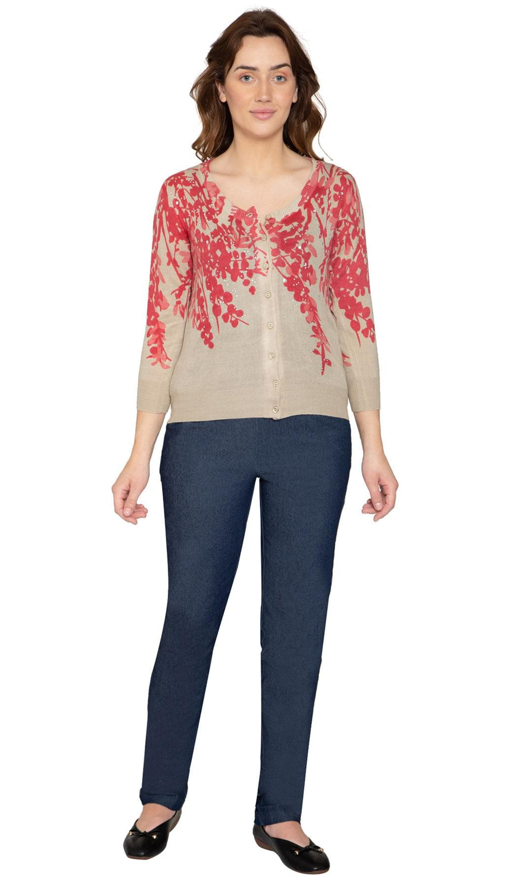 Women's Sleeve Knit Printed And Embellished Cardigan Sweater