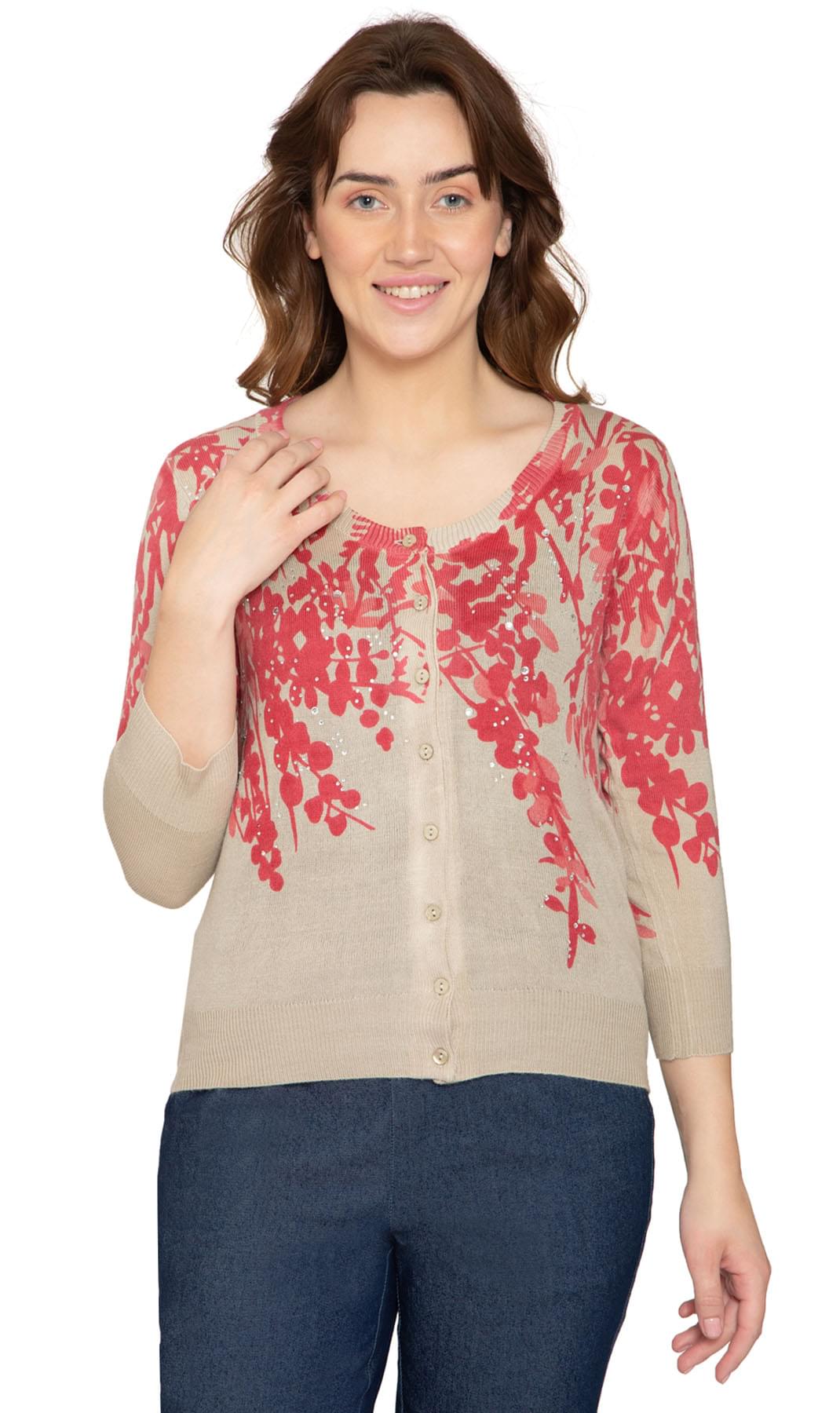 Women's Sleeve Knit Printed And Embellished Cardigan Sweater