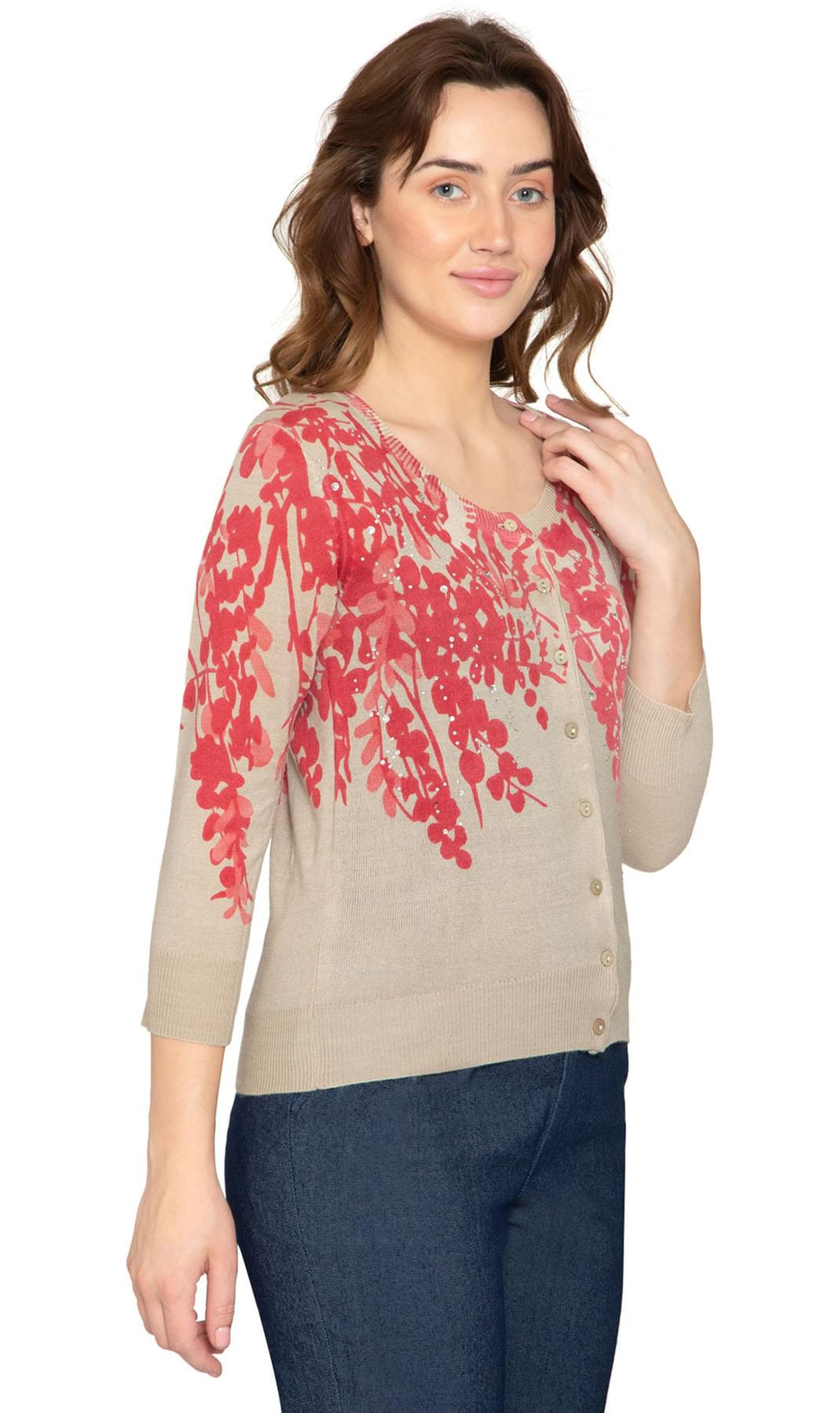 Women's Sleeve Knit Printed And Embellished Cardigan Sweater