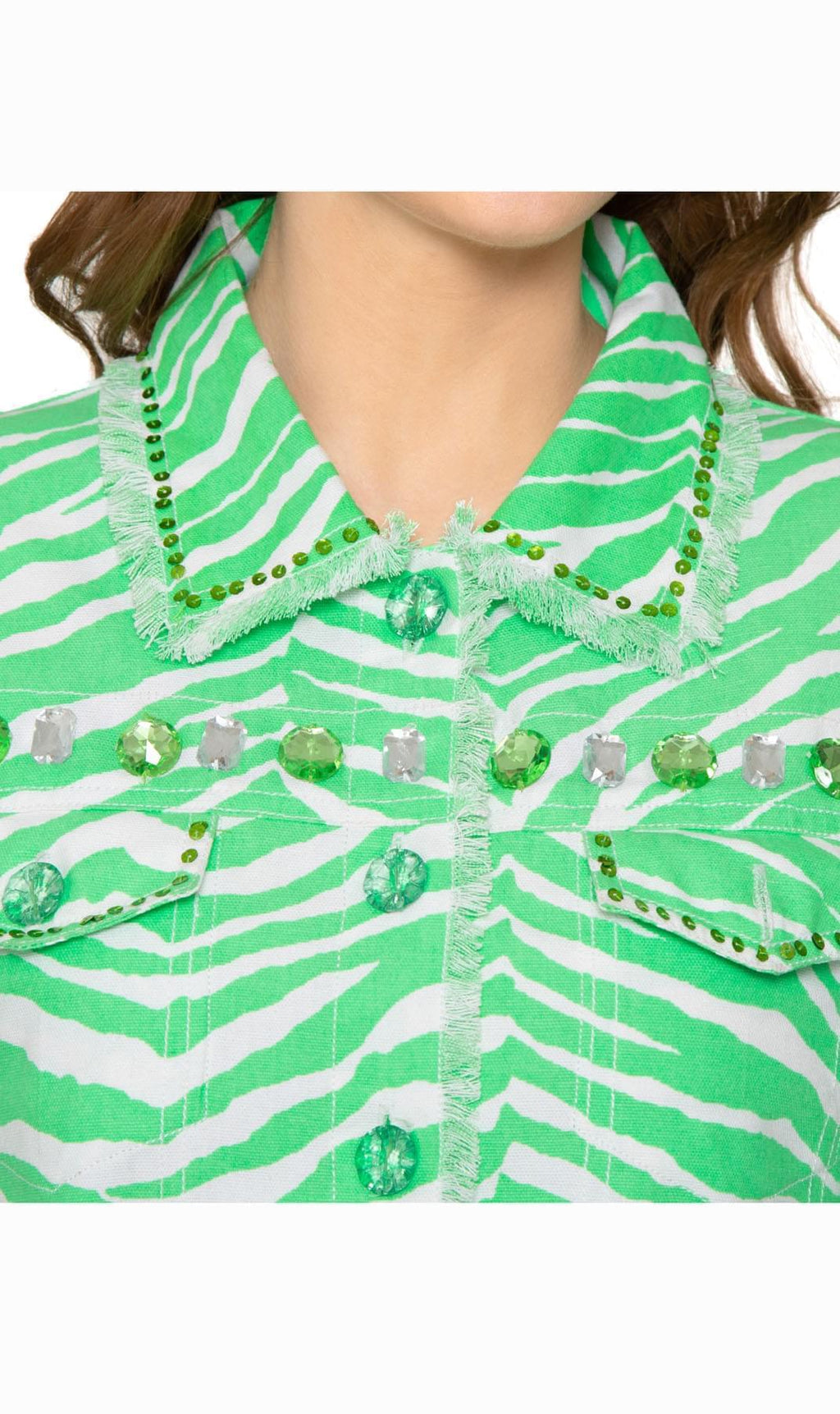 Women's Jewel Trimmed Zebra Printed Canvas Jacket