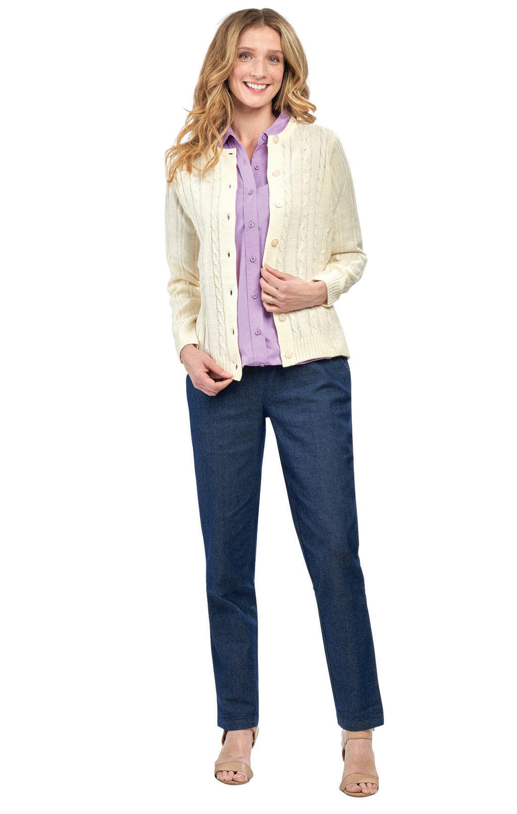 Women's Classic Button Front Cable Knit Cardigan in Soft Acryllic