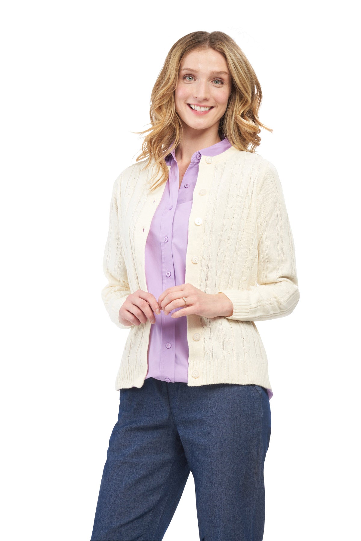 Women's Classic Button Front Cable Knit Cardigan in Soft Acryllic