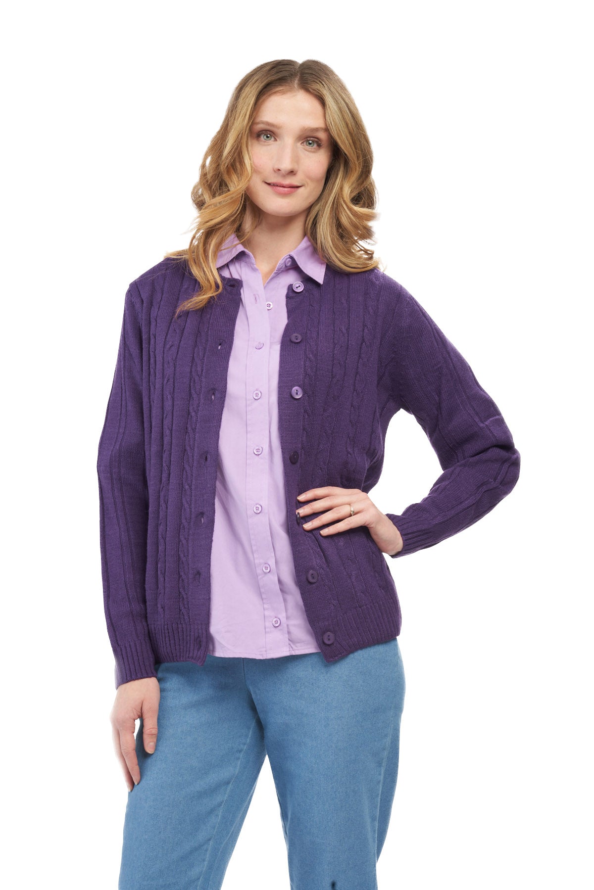 Women's Classic Button Front Cable Knit Cardigan in Soft Acryllic