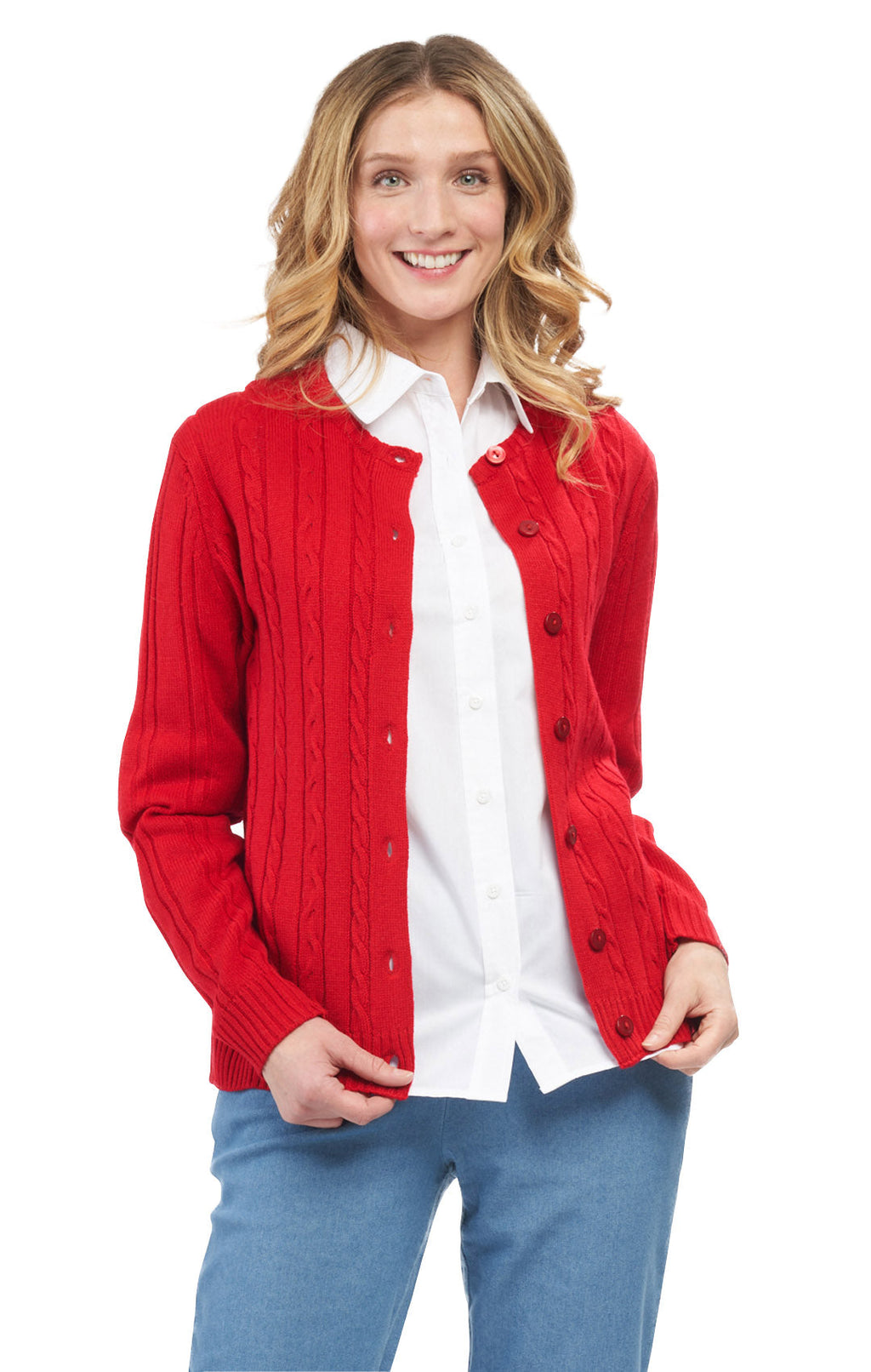 Women's Classic Button Front Cable Knit Cardigan in Soft Acryllic