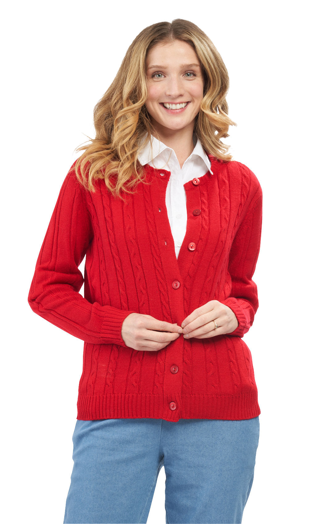 Women's Classic Button Front Cable Knit Cardigan in Soft Acryllic