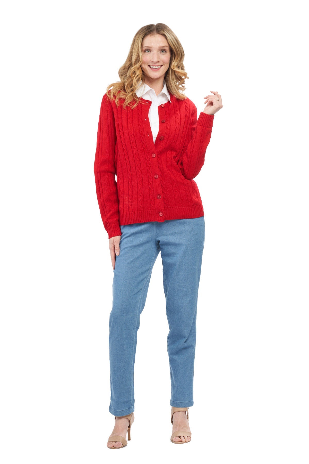Women's Classic Button Front Cable Knit Cardigan in Soft Acryllic