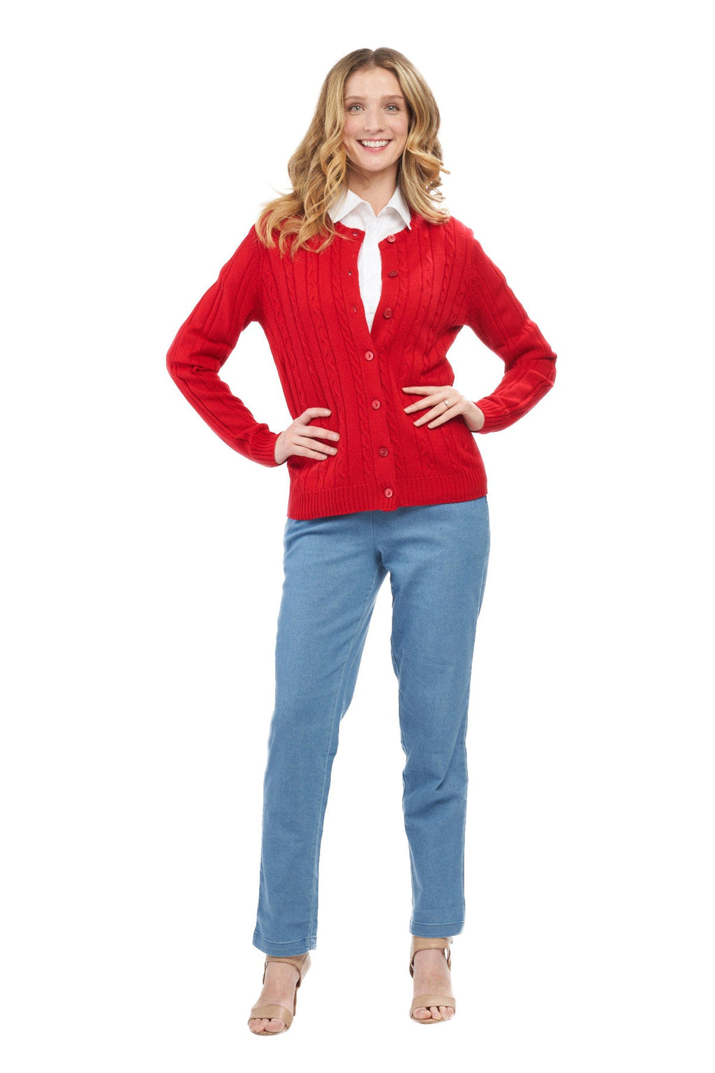Women's Classic Button Front Cable Knit Cardigan in Soft Acryllic