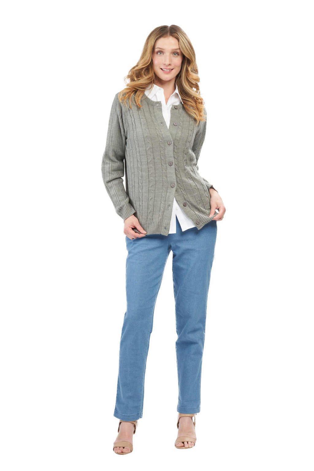 Women's Classic Button Front Cable Knit Cardigan in Soft Acryllic