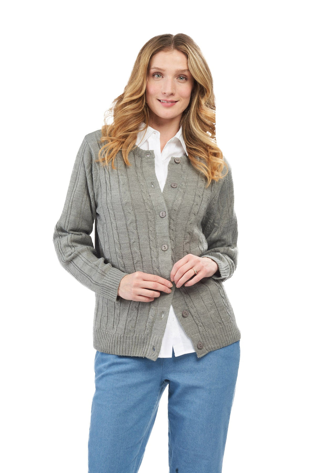 Women's Classic Button Front Cable Knit Cardigan in Soft Acryllic